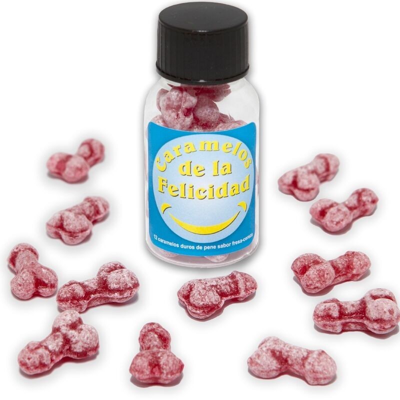 DIABLO PICANTE - BOTE 12 CARAMELOS DE LA FELICIDAD FORMA PENE FRESA-CEREZA