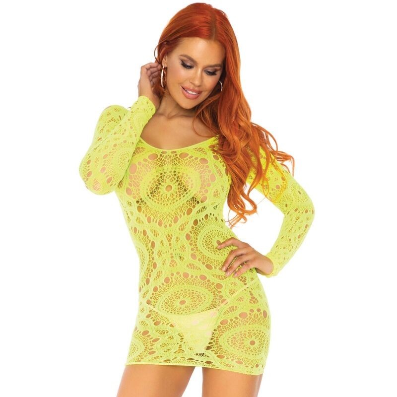 LEG AVENUE - MINI VESTIDO DE ENCAJES MANGA LARGA NEON TALLA ÚNICA