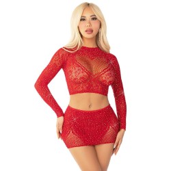 LEG AVENUE - TOP FALDA DE REJILLA CON BRILLANTES ROJO