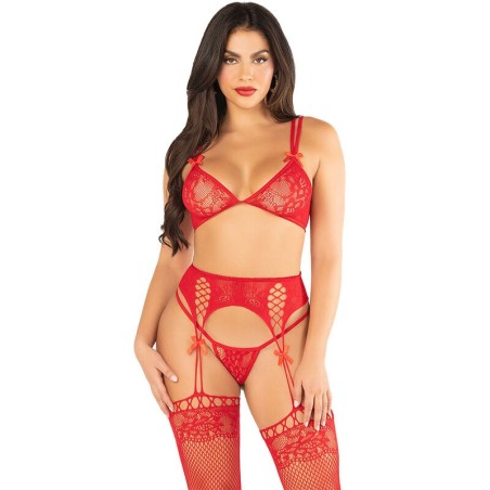LEG AVENUE - SUJETADOR TANGA MEDIAS DE REJILLA ROJO TALLA ÚNICA