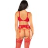 LEG AVENUE - SUJETADOR TANGA MEDIAS DE REJILLA ROJO TALLA ÚNICA