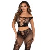 LEG AVENUE - CROP TOP Y LEGGING DE REJILLA CON HOMBROS DESCUBIERTOS NEGRO