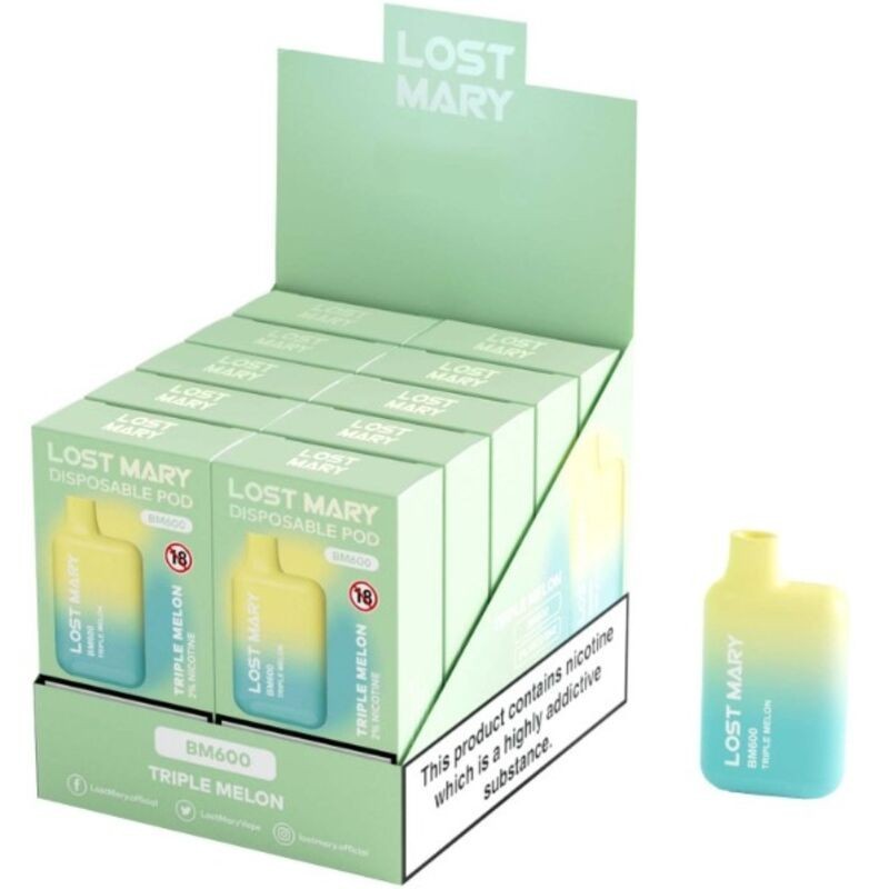 LOST MARY - (PACK PROFESIONAL EXPOSITOR - 10 UNIDADES) BM600 VAPER NICOTINA 2 DESECHABLE SABOR TRIPLE MELÓN