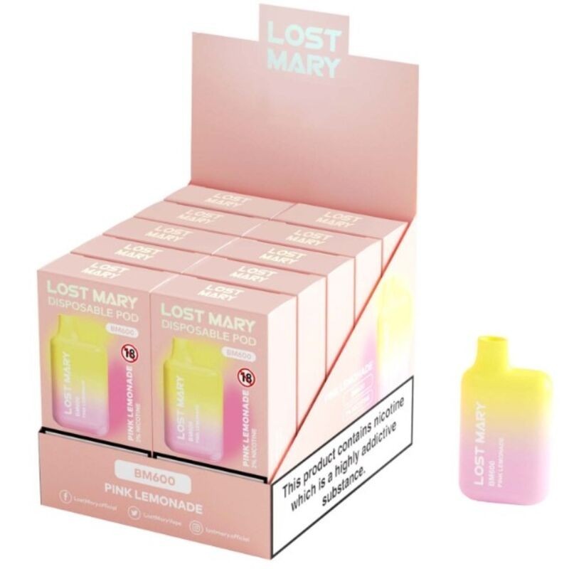LOST MARY - (PACK PROFESIONAL EXPOSITOR - 10 UNIDADES) BM600 VAPER NICOTINA 2 DESECHABLE SABOR LIMONADA ROSA