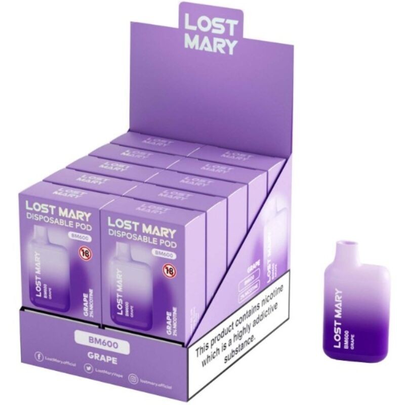 LOST MARY - (PACK PROFESIONAL EXPOSITOR - 10 UNIDADES) BM600 VAPER NICOTINA 2 DESECHABLE SABOR UVA