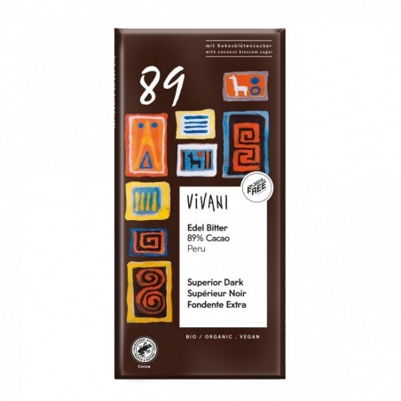 CHOCOLATE BIO NEGRO SUPERIOR 89% PERÚ CON AZÚCAR DE COCO 80GR - VIVANI