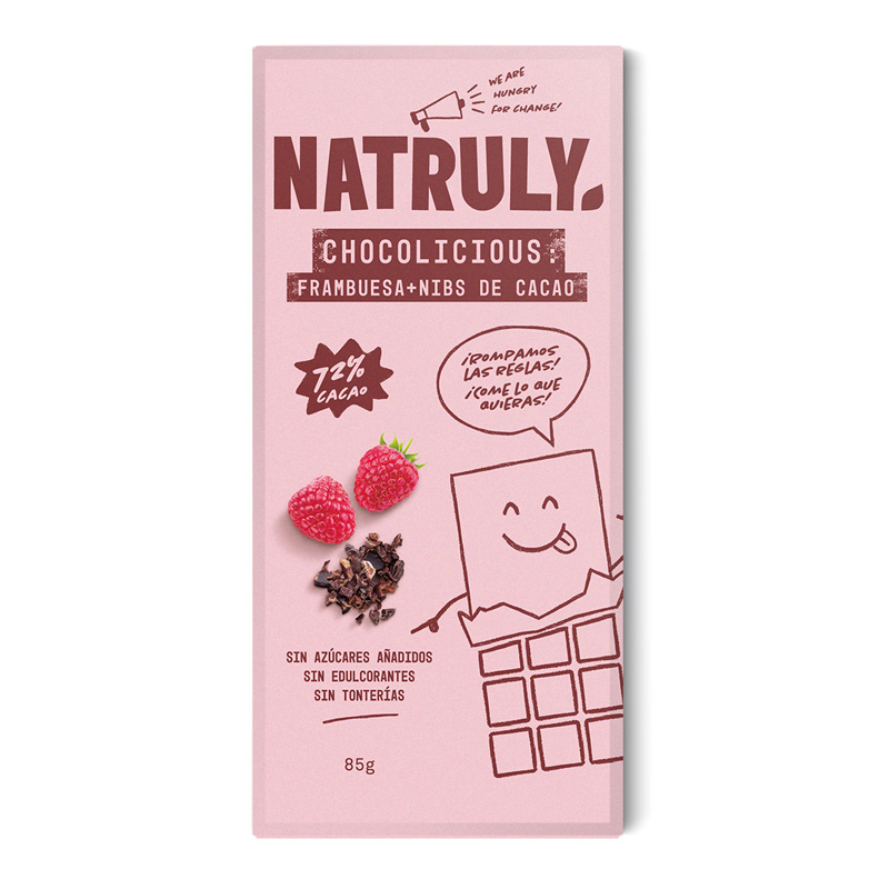 CHOLOLATE CON FRAMBUESA Y NIBS DE CACAO 85 G