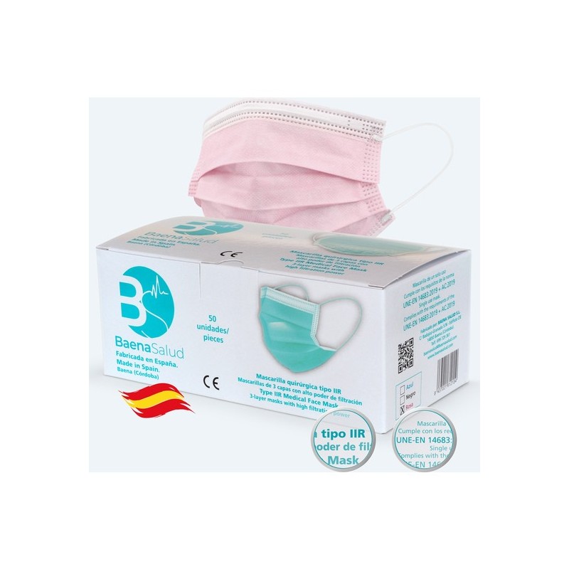 50 MASCARILLAS HIGIÉNICAS QUIRÚRGICAS DESECHABLES, TIPO IIR, COLOR ROSA, FILTRACIÓN (BFE) 98%