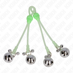 KINK - PINZAS PARA PEZONES LUMINOSAS FORMA CALABERA CON CASCABEL SONORO AJUSTABLE VERDE - PLATEADO