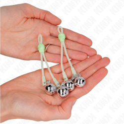 KINK - PINZAS PARA PEZONES LUMINOSAS FORMA CALABERA CON CASCABEL SONORO AJUSTABLE VERDE - PLATEADO