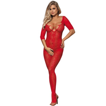 SUBBLIME - 951825 BODYSTOCKING CROTCHLESS DE REJILLA CON PATRÓN DE ROSAS ROJO XS-M