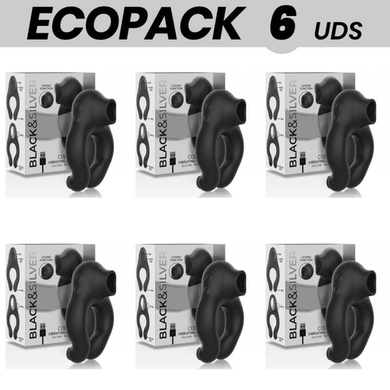 ECOPACK 6 UDS - BLACKandSILVER ANILLO VIBRADOR SILICONA 3 MOTORES RECARGABLE NEGRO