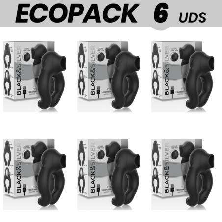 ECOPACK 6 UDS - BLACKandSILVER ANILLO VIBRADOR SILICONA 3 MOTORES RECARGABLE NEGRO