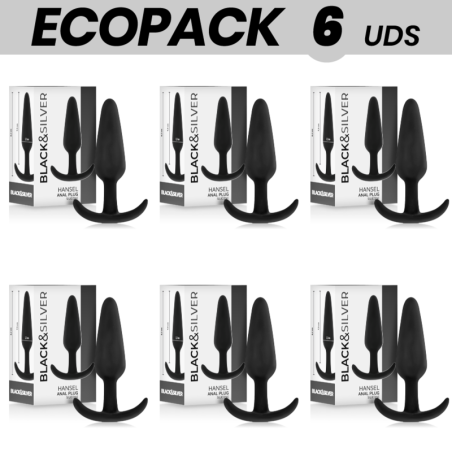 ECOPACK 6 UDS - BLACKandSILVER HANSEL PLUG ANAL SILICONA CON ASA PEQUEÑO