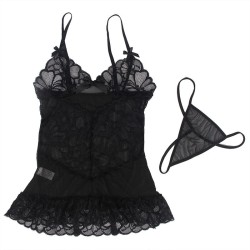 SUBBLIME - BABYDOLL CON TIRANTES AJUSTABLES Y ESTAMPADO FLORAL DE ENCAJE TRANSPARENTE NEGRO S-M
