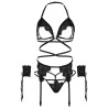 LEG AVENUE - SET CUATRO PIEZAS SUJETADOR, LIGUERO, TANGA Y PUÑOS TALLA ÚNICA - NEGRO