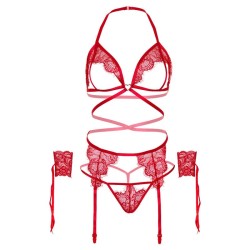 LEG AVENUE - SET CUATRO PIEZAS SUJETADOR, LIGUERO, TANGA Y PUÑOS TALLA ÚNICA - NEGRO