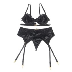 SUBBLIME - SET DE 3 PIEZAS SUJETADOR TANGA LIGA ENCAJE NEGRO S-M