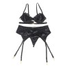 SUBBLIME - SET DE 3 PIEZAS SUJETADOR TANGA LIGA ENCAJE NEGRO S-M
