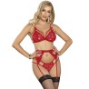 SUBBLIME - SET DE 3 PIEZAS SUJETADOR TANGA LIGA ENCAJE ROJO S-M