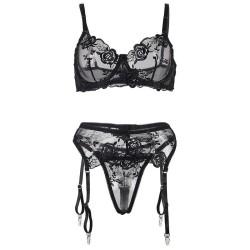 SUBBLIME - SET DE 3 PIEZAS SUJETADOR TANGA LIGA ESTAMPADO FLORAL NEGRO S-M