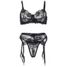 SUBBLIME - SET DE 3 PIEZAS SUJETADOR TANGA LIGA ESTAMPADO FLORAL NEGRO S-M