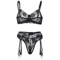 SUBBLIME - SET DE 3 PIEZAS SUJETADOR TANGA LIGA ESTAMPADO FLORAL NEGRO S-M