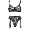SUBBLIME - SET DE 3 PIEZAS SUJETADOR TANGA LIGA ESTAMPADO FLORAL NEGRO S-M