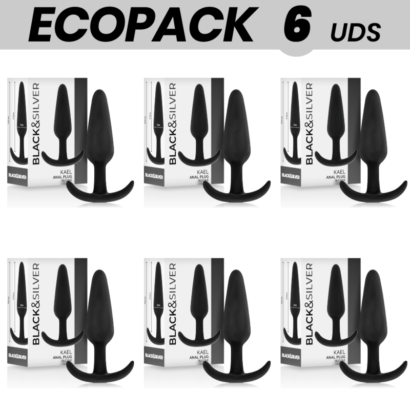 ECOPACK 6 UDS - BLACKandSILVER KAEL PLUG ANAL SILICONA CON ASA MEDIANO