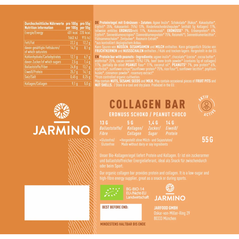 Barrita de Colageno Cacahuetes y Cacao BIO 12x55g Jarmino