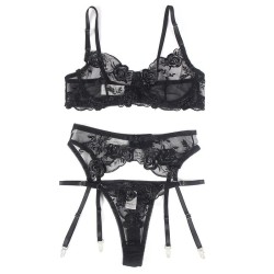 SUBBLIME - SET DE 3 PIEZAS SUJETADOR TANGA LIGA ESTAMPADO FLORAL NEGRO S-M