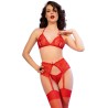 CHILIROSE - CR 4848 SET SUJETADOR TANGA MEDIAS DE ENCAJE ROJO S