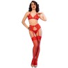 CHILIROSE - CR 4848 SET SUJETADOR TANGA MEDIAS DE ENCAJE ROJO S