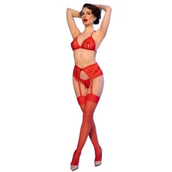 CHILIROSE - CR 4848 SET SUJETADOR TANGA MEDIAS DE ENCAJE ROJO S