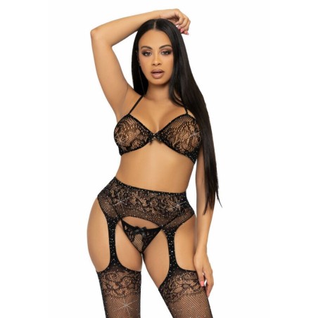 LEG AVENUE - SET TRES PIEZAS SUJETADOR, TANGA Y MEDIAS TALLA ÚNICA - NEGRO