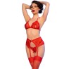 CHILIROSE - CR 4848 SET SUJETADOR TANGA MEDIAS DE ENCAJE ROJO S