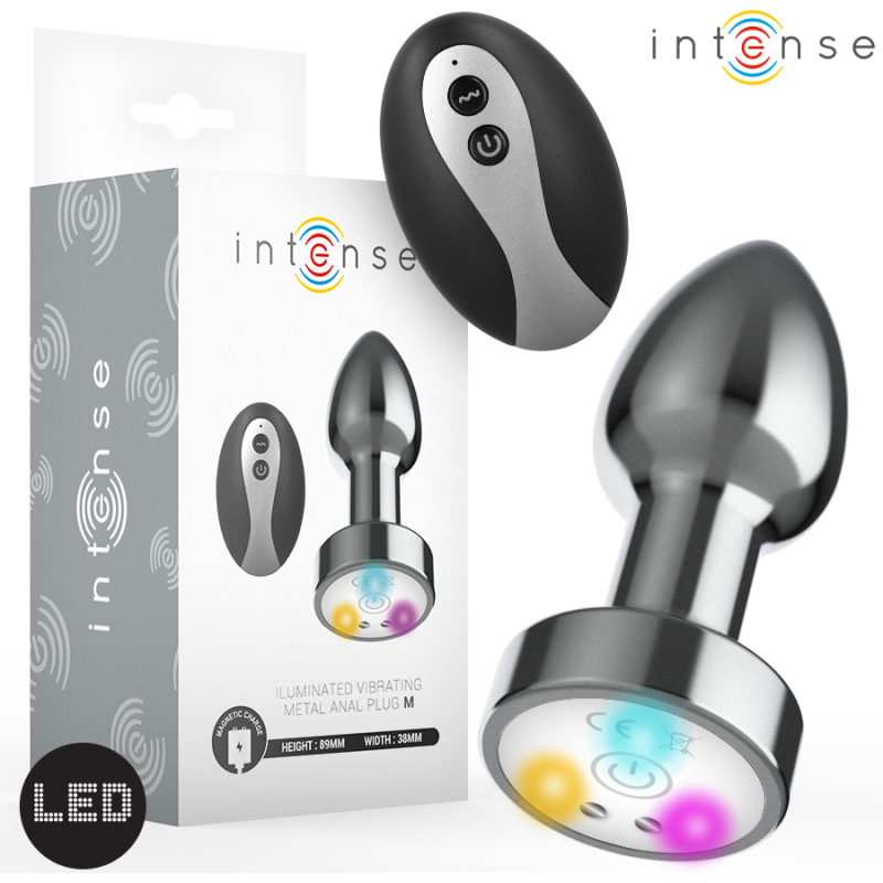 INTENSE - PLUG ANAL TALLA M DE METAL VIBRADOR CON LUCES LED MULTICOLOR Y CONTROL REMOTO